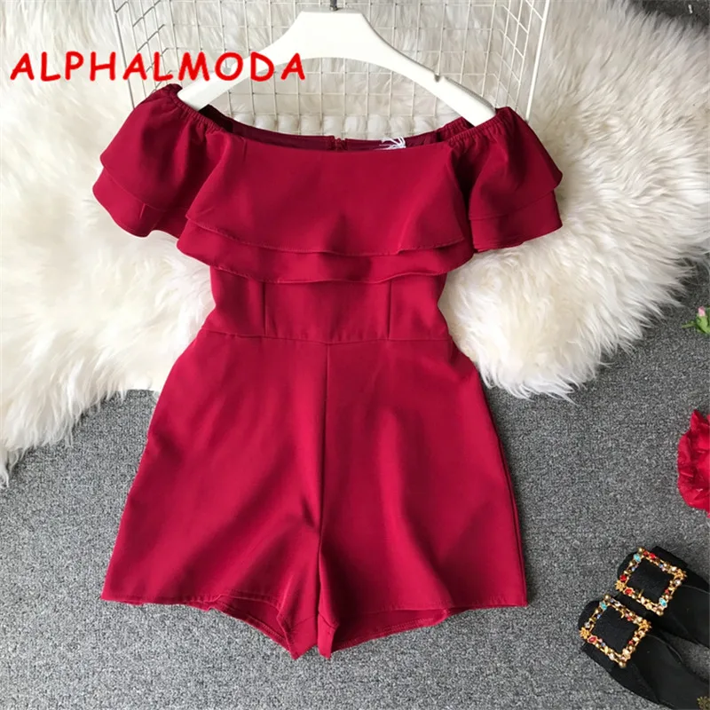 

ALPHALMODA 2019 New Type High-waist Slim Ruffled Playsuits High Waist Broad-legged Solid Fashion Women Playsuits