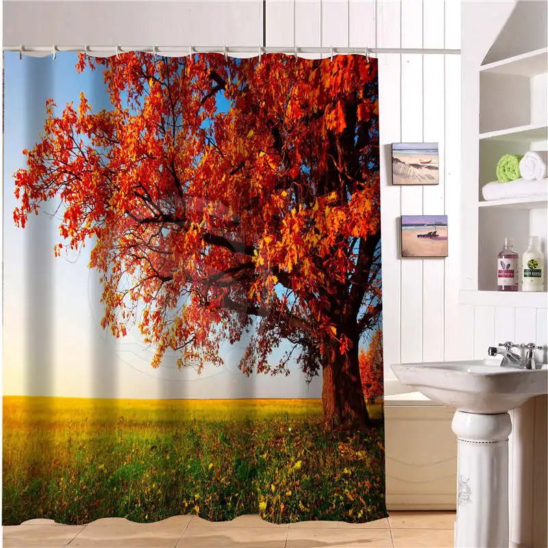 

Custom Sunny Forest Autumn Trees Grass Leaves Modern Shower Curtain Bathroom Waterproof