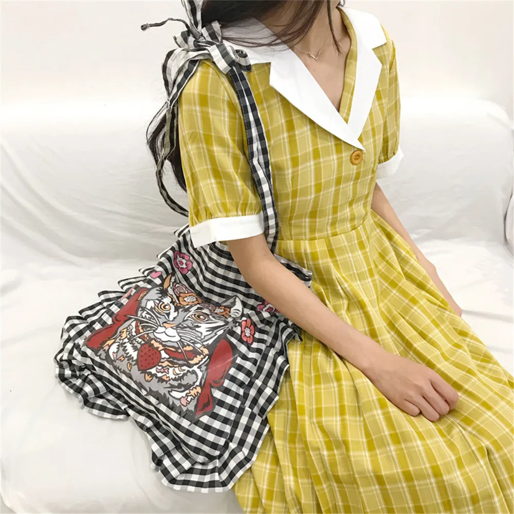 Black White Plaid Cotton Canvas Eco shopping Tote Shoulder Bag Pleated Trim Print Cat | Багаж и сумки