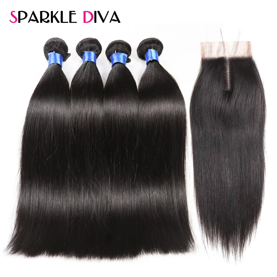 4 пучка прямые волосы с закрытием перуанские человеческие натуральный цвет не