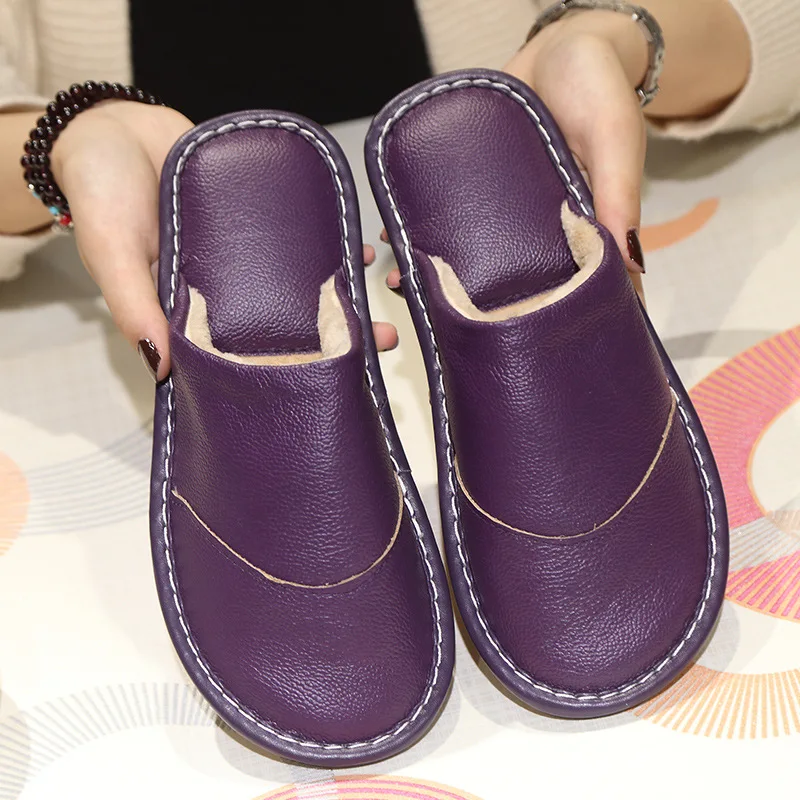 Purple ZOOLIM/мужские тапочки; зимние теплые домашние тапочки из натуральной кожи; нескользящие теплые женские комнатные тапочки; коллекция года; домашняя обувь - Цвет: Purple