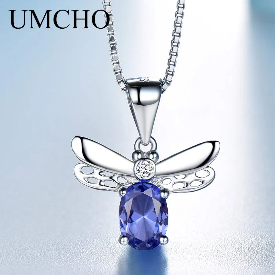 UMCHO цельное Настоящее 925 пробы Серебряное ожерелье с драгоценным камнем, созданное синим танзанитом ожерелье s& Кулоны для женщин, подарок с цепочкой в коробке