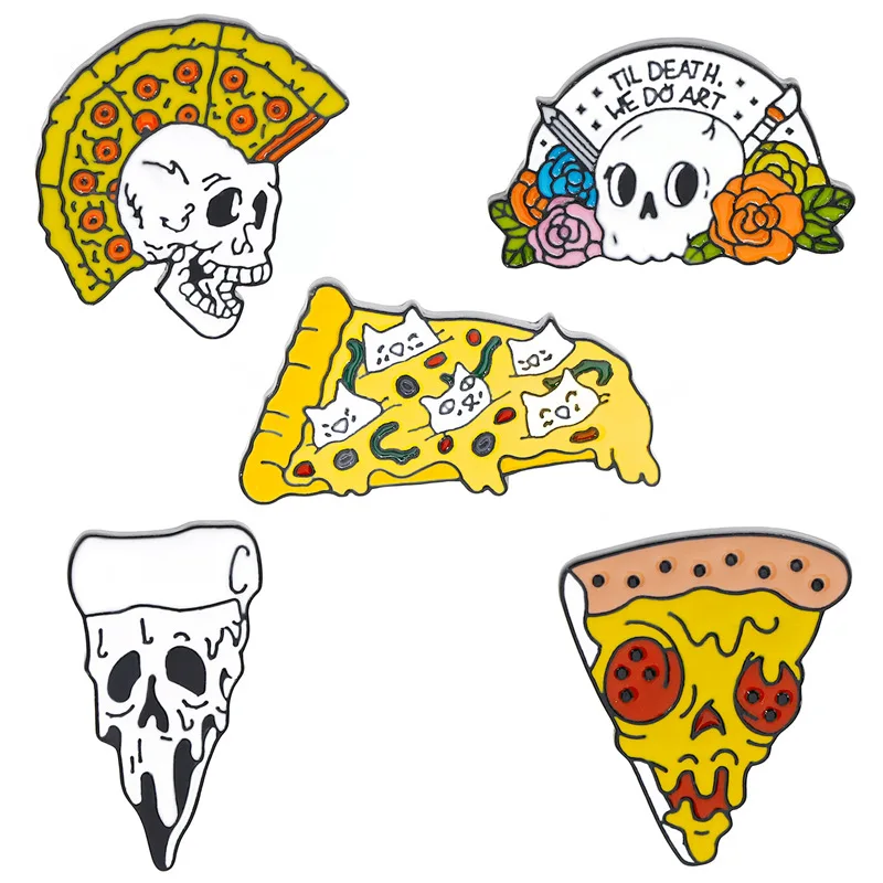 Пиццы Череп Цветок Булавка пиццы кошка эмалированная булавка нездоровая еда Lover