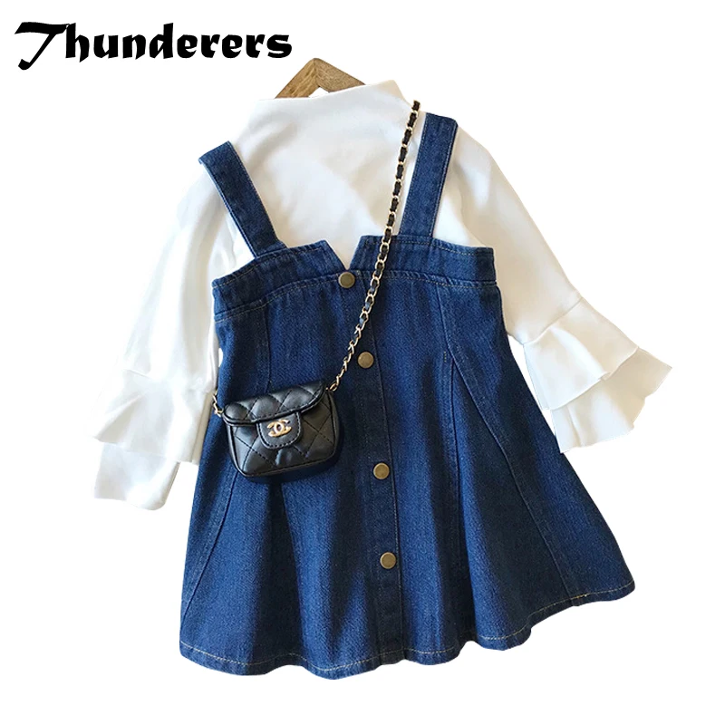 

Thunderers Spring Autumn Kids Clothing Set For Girl Irregular Long Sleeve Shirt With Denim Dress Children's Outfits Clothes Suit