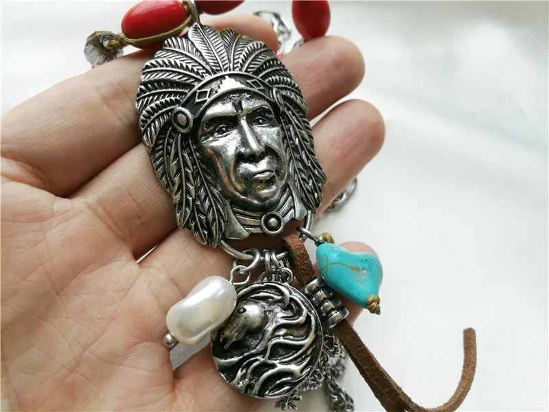 Портретная голова человека кулон ожерелье для женщин Тибетский Серебро племени