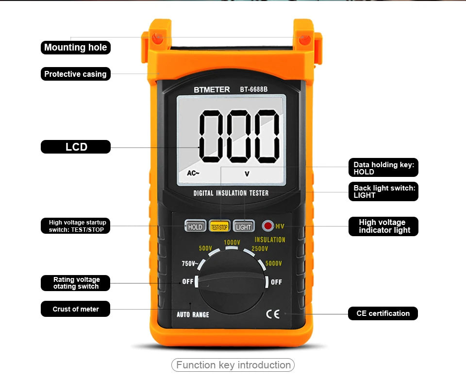 BTMETER BT-6688B Цифровой тест сопротивления изоляции er, тестовое напряжение 5000 в, сопротивление изоляции 200 г Ом, Высоковольтная индикация