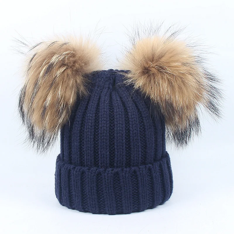 Новая модная детская одежда с натуральным мехом Pom Hat Детские Зимние вязаный комплект шапки для девочек и мальчиков трикотажные шапочки Настоящее меховых помпона шляпа для детей