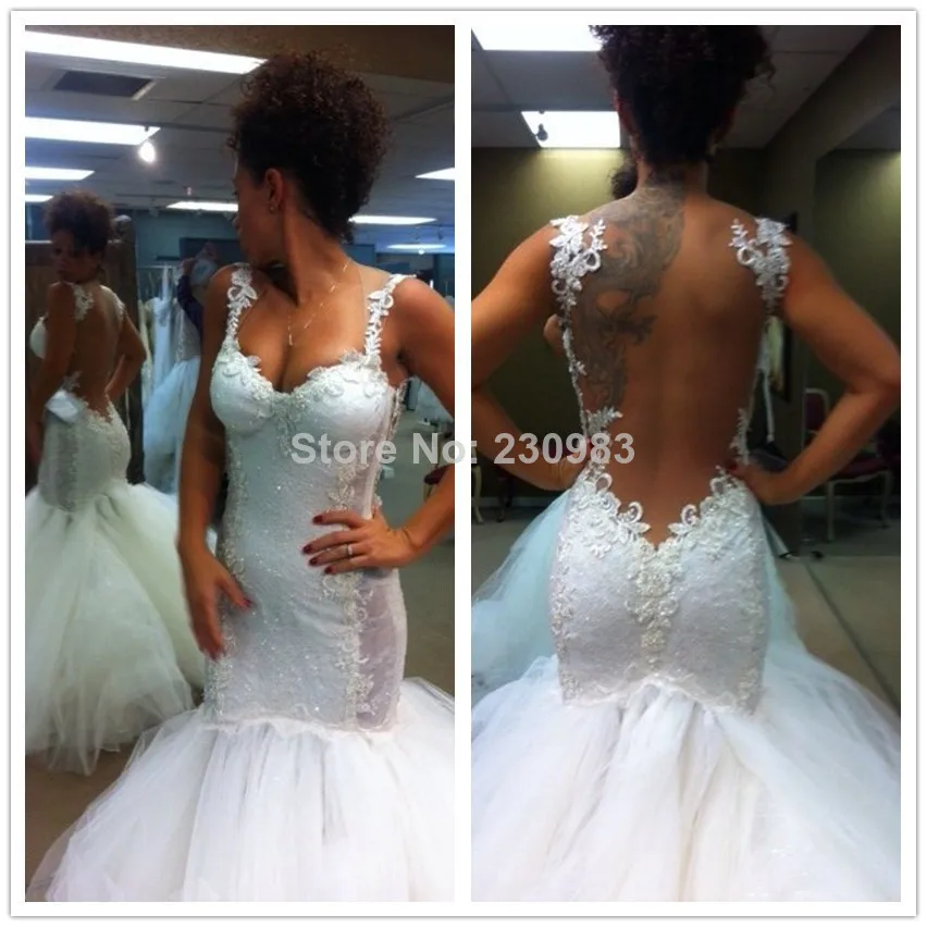 Eelgant Sweetheart with Slim Straps Lace/Embroidery Mermaid Wedding Dresses 2014 Backless White Bridal Gowns Vestidos De Novia |