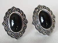 hot selling vintage 925 silver natural black stone marcasite stud earrings 1 bride jewelry free shipping