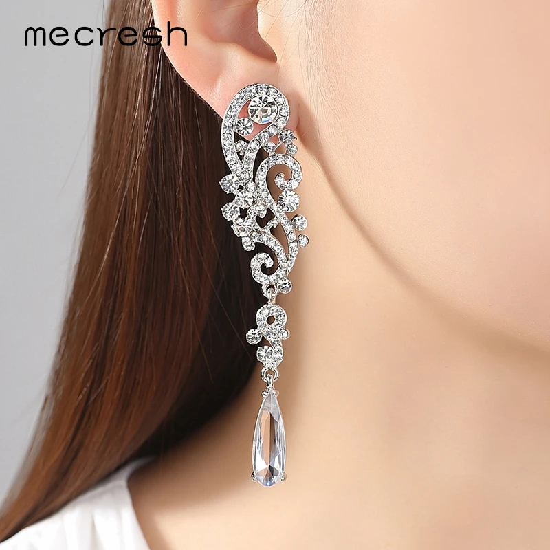 Женские свадебные длинные серьги Mecresh искусственный фианит серебристого цвета с