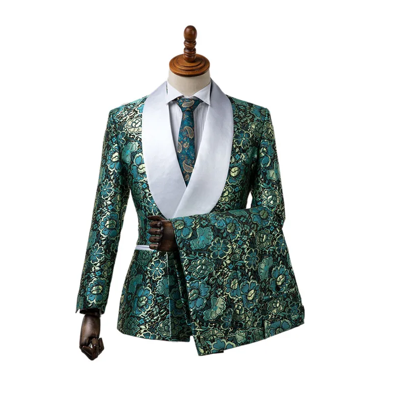 Gwenhwyfar Slim Fit White Shawl Lapel Green Jacquard Suit Groom Tuxedos Men Suits For Wedding Best Man Blazer Set (Jacket+Pants) | Мужская