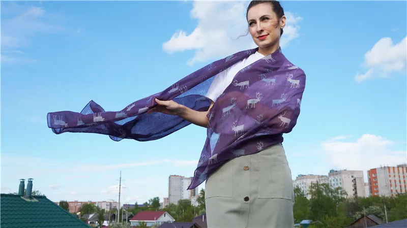 Jinjin. QC Женский Легкий Шарф Из вискозного Шелка Фиолетовые Шарфы с Принтом Оленей и Шали Мгновенный Мусульманский Хиджаб Леди Бандана