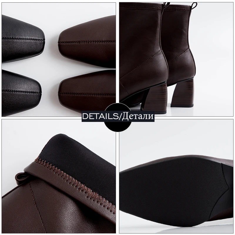 ISNOM High Heels Wood Ankle Boots Women Square Toe Party Booties Woman Leather Shoes Female Slip On Shoes Ladies Autumn New