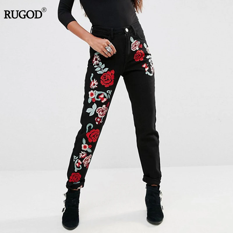 2017 Новый Тонкий Карандаш Брюки Старинные Высокой Талией Джинсы Цветок Вышивка