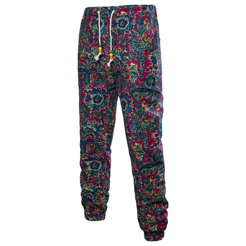 Мужские льняные брюки HEFLASHOR модные для бега с цветочным принтом повседневные