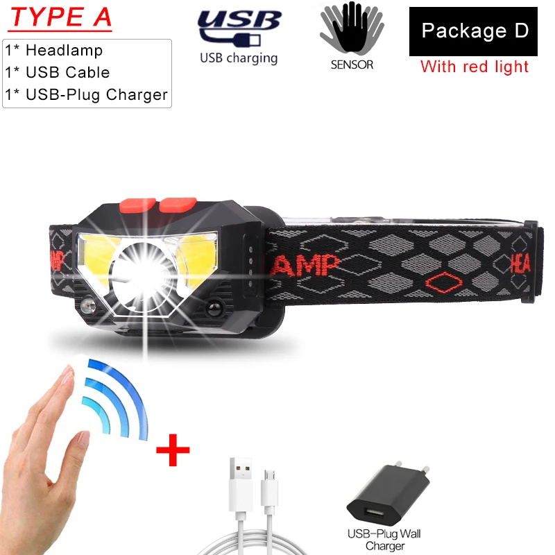 Package D 10000лм Мощный светодиодный датчик фар головной свет USB Перезаряжаемый налобный фонарь Водонепроницаемый для кемпинга туризма - Испускаемый цвет: Package D