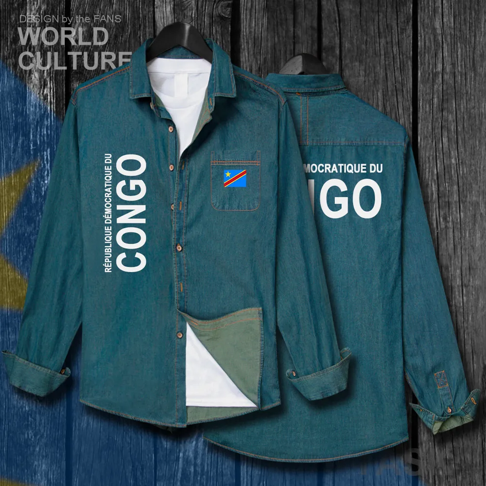 

DR Congo COD DRC DROC Congo-Kinsha Congolese Men Clothes Autumn Cotton Flag Top Turn-down Jeans Shirt Long Sleeve Cowboy Coat