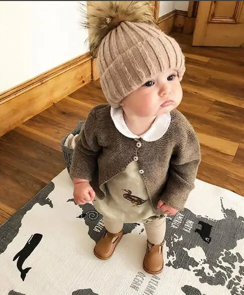 Puseky Artificial Fur Hat For Kids Children Baby Boys Girls Winter Ball Knit Faux Raccoon Pom Bobble Beanie Caps | Детская одежда и