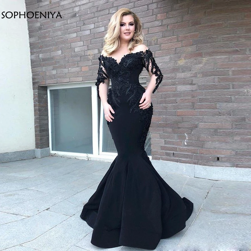 

New Arrival Black Mermaid evening dresses Long sleeve Evening gown Lace Beading V Neck Muslim evening dress Plus size