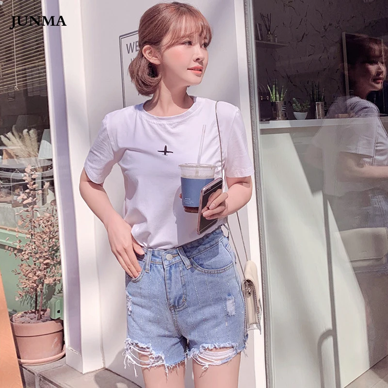 Harajuku вышитый Топ 2019 летняя футболка Женские топы самолет с коротким рукавом