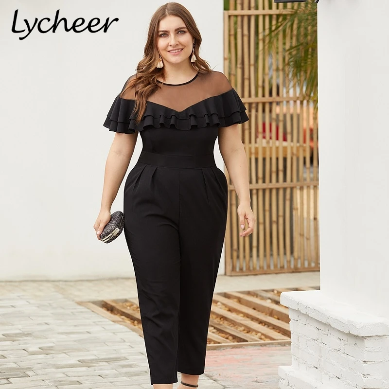 Lycheer плюс размер сетчатый Женский Длинный комбинезон элегантный с оборками