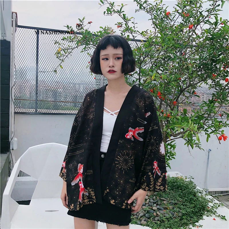 Кимоно для косплея Haori с принтом золотой рыбки, кимоно, кардиган, верхняя одежда, Солнцезащитная блуза, Harajuku, Азия, японская традиционная юката для женщин