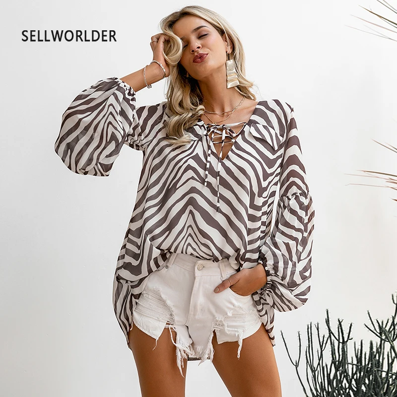 

Zebra Stripe Printed 2019 Women Shirt Blouse Plus Size Women's Shirt V neck Lace up ladies Shirt Blouses