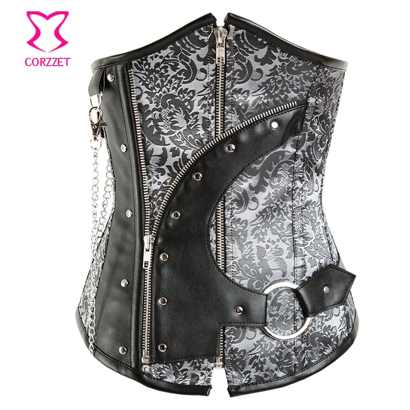 Винтажный Панк корсет на молнии с заклепками кожаный парчовый Готический под