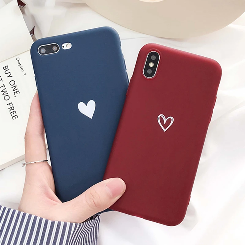 Couples Love Heart Soft TPU Phone Case For iphone 7 Plus 6 6S 8 Cute Wine Red Back X XR XS Max 6.5'' Fundas |