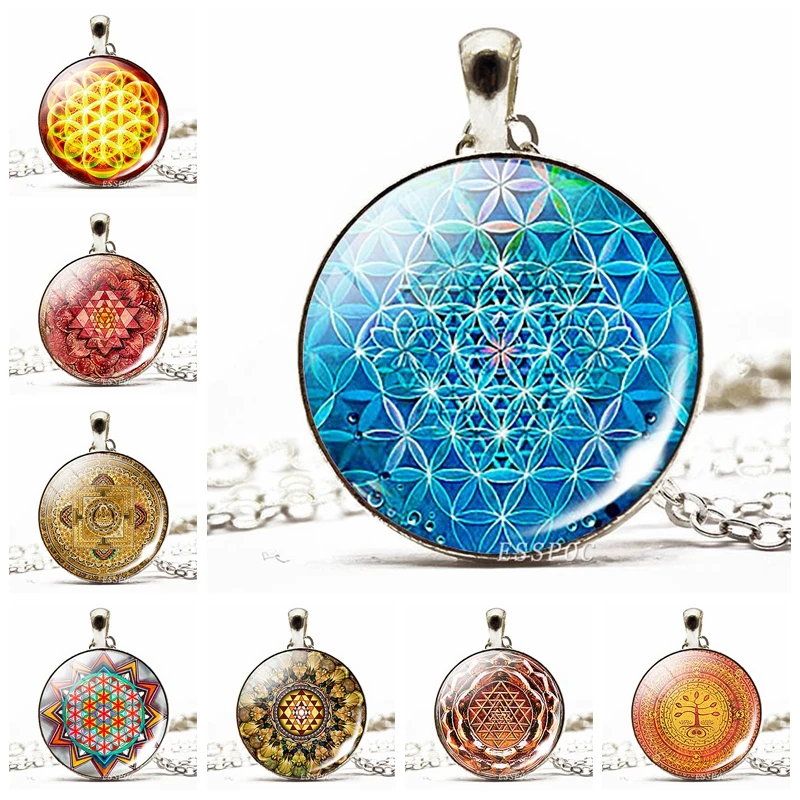 Sri Yantra ожерелье цветок жизни Мандала стеклянный кабошон подвеска на серебряной цепочке ожерелье буддизм духовная Йога ювелирные изделия для женщин