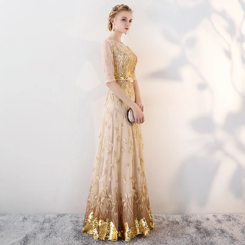 JaneVini блестящее Золотое длинное платье подружки невесты с полурукавами 2019