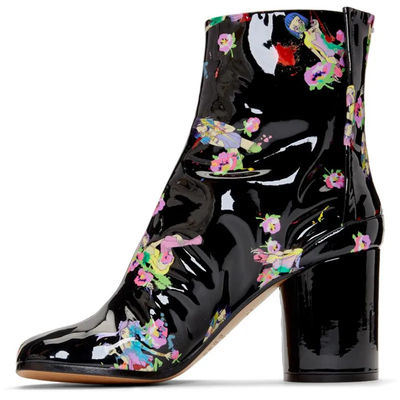 Runway Print Genuine Leather Split Toe Ankle Boots Woman Chunky High Heel Women Boots Black Roman boots zapatos de mujer