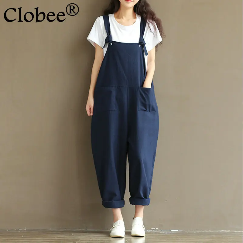Плюс размер Летний комбинезон и осенний женский хлопковый льняной синий