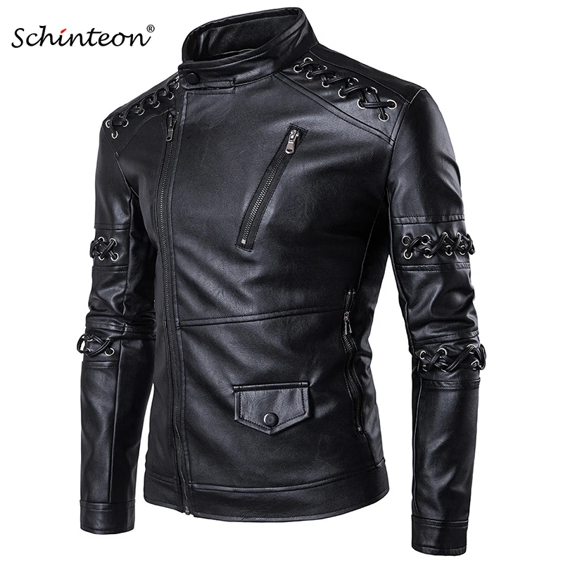 

M-5XL Black Men PU Leather Jacket Stand Collar Knitting Drawstring Motorcycle Clothing Coat Outwear