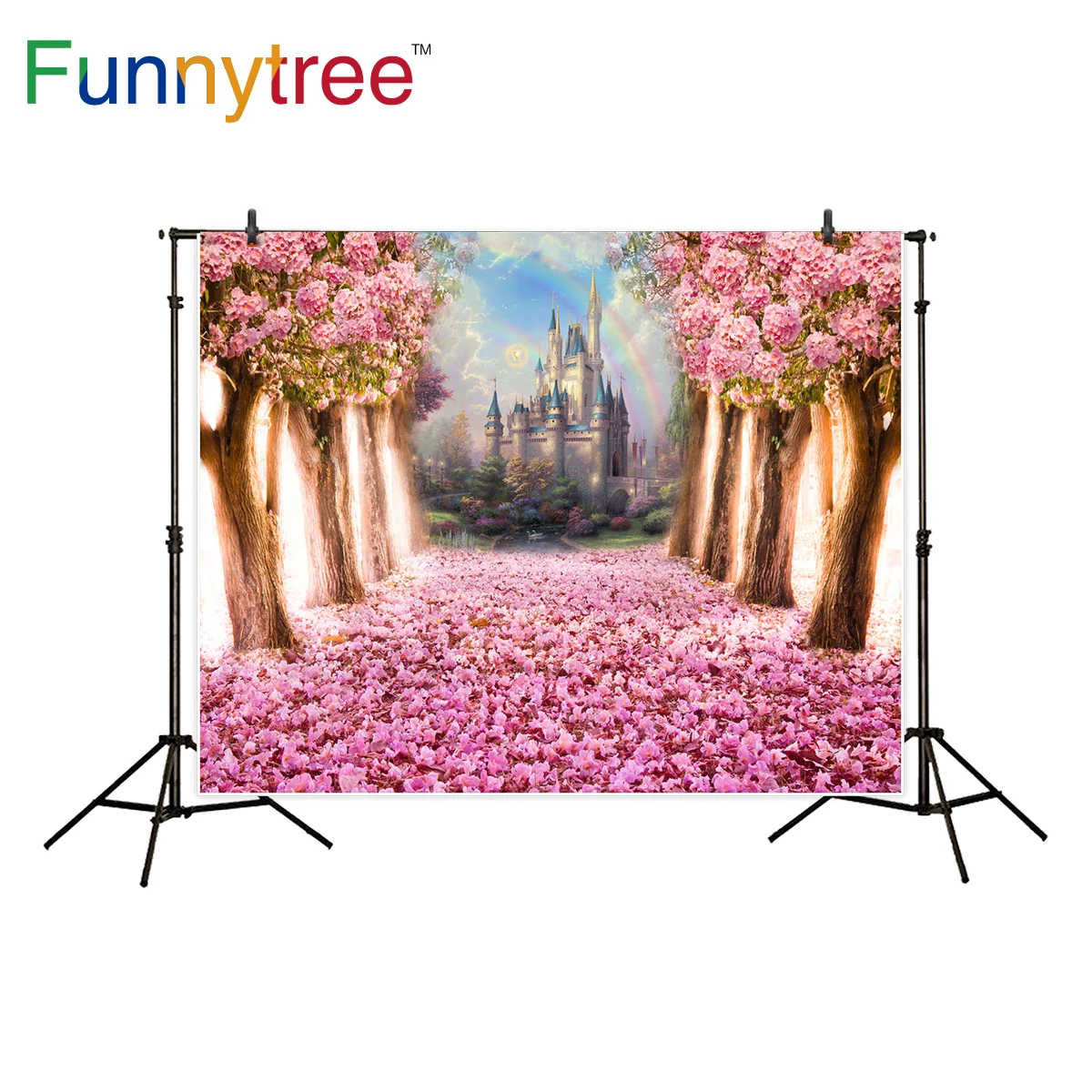 

Funnytree backdrop for photography studio spring pink flower tree fairy tale castle rainbow background photocall photobooth