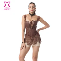 brown floral lace and leather corset dress corselet plus size women 6xl steampunk corsets and bustiers sexy gothic clothing