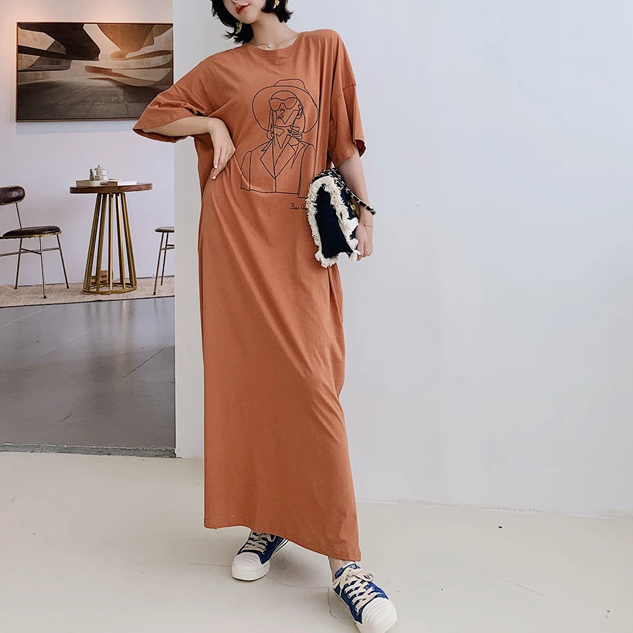 Fashion Cartoon Print Plus Size Summer Dress Cotton Casual O-Neck T-shirt Batwing Sleeve Women Dress Tops Vestidos De Fiesta