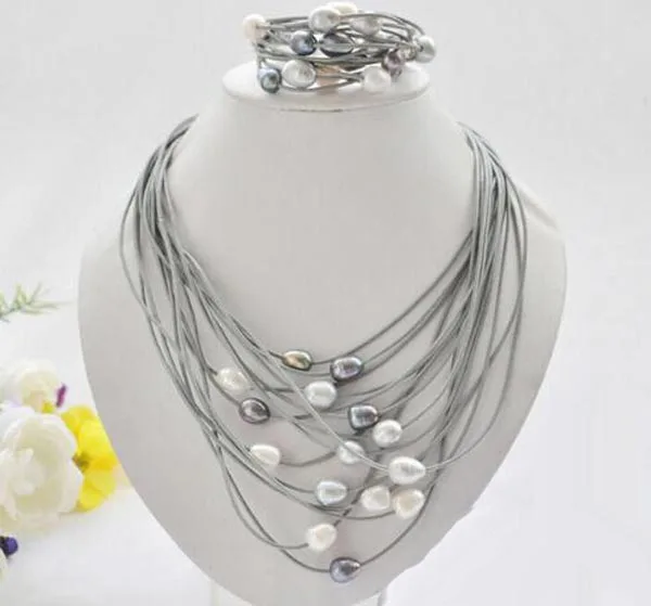 Hot sell Noble 15row 13mm black white gray rice pearl leather necklace &amp bracelet ^^^@^Noble style Natural Fine jew | Украшения и