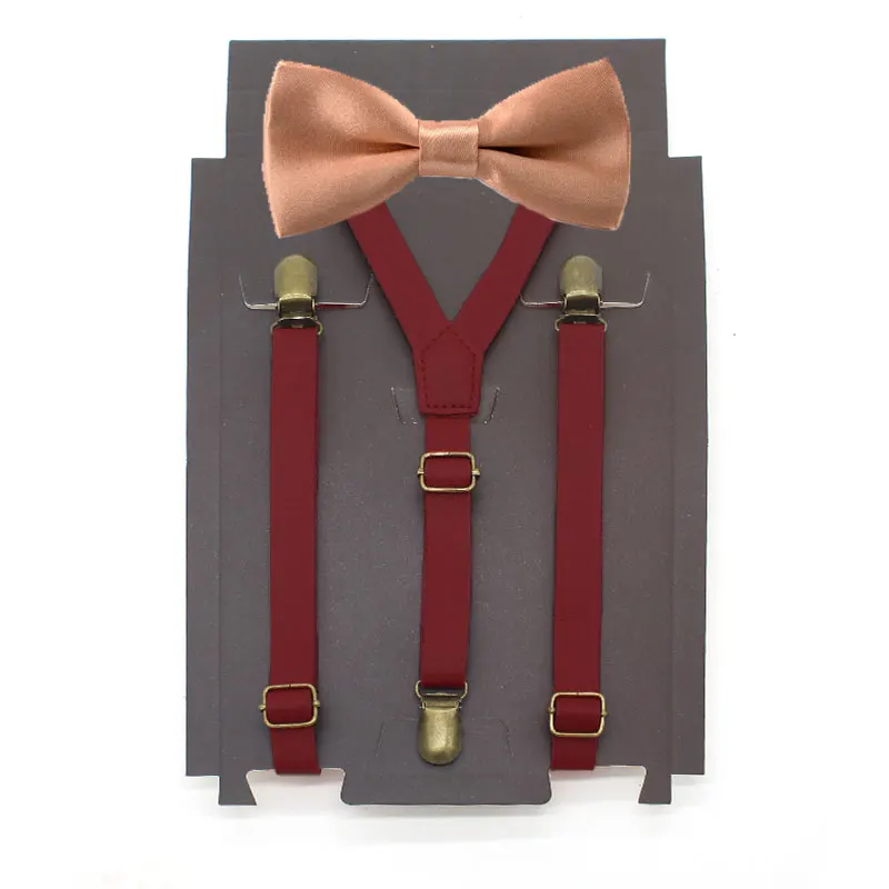WINE RED-BOW 3 зажима Y Back Kid коричневый кожаный подтяжки и галстук-бабочка кольцо носитель бабочка комплект наряд на день рождения 80*1,5 см регулируемый - Цвет: WINE RED-BOW