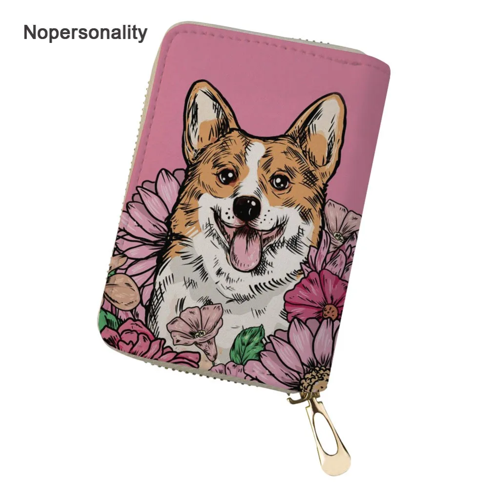 

Nopersonality Cute Floral Corgi Dog Print Credit Card Holders Small Leather Female Ladies Travel Card Wallet Zipper Travel Purse