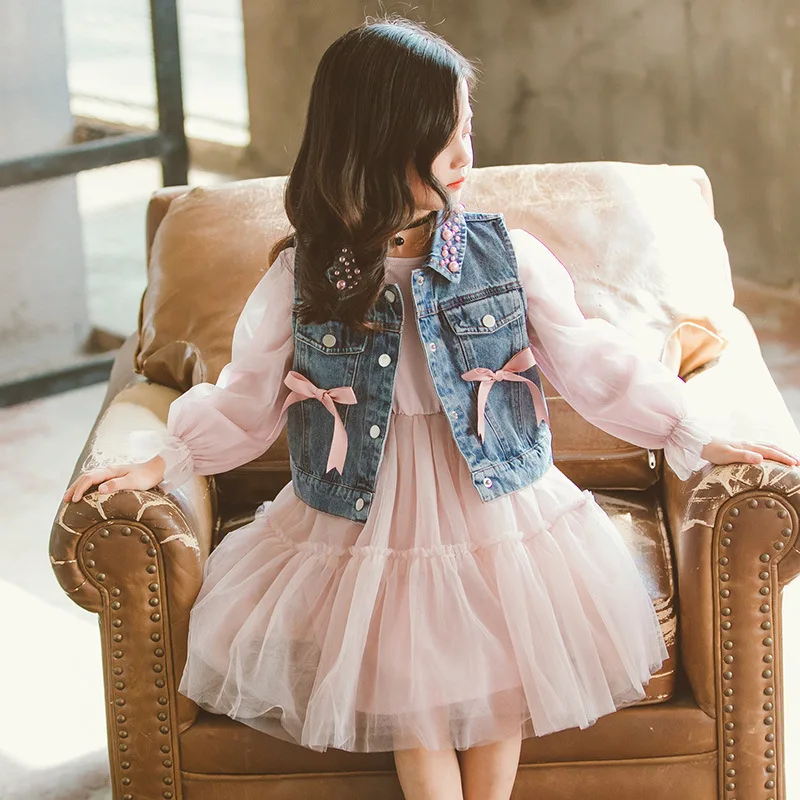 Детские весенне осенние комплекты одежды газовое платье с длинными рукавами +