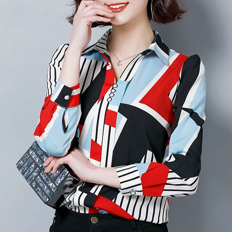 

Fashion women chiffon blouse print striped tops and blouses plus size long sleeve women shirts