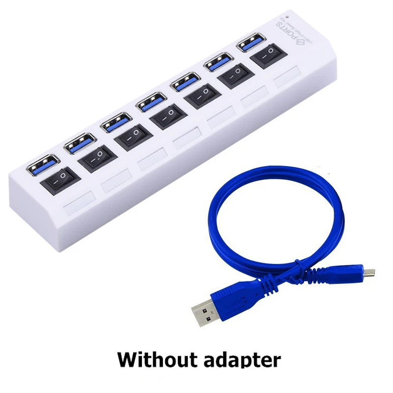 White no adapter USB HUB 3,0 Супер скорость 5 Гбит/с 7 портов USB 3,0 usb-хаб с переключателем включения/выключения Platooninsert для компьютера ноутбука периферийные устройства - Цвет: White no adapter