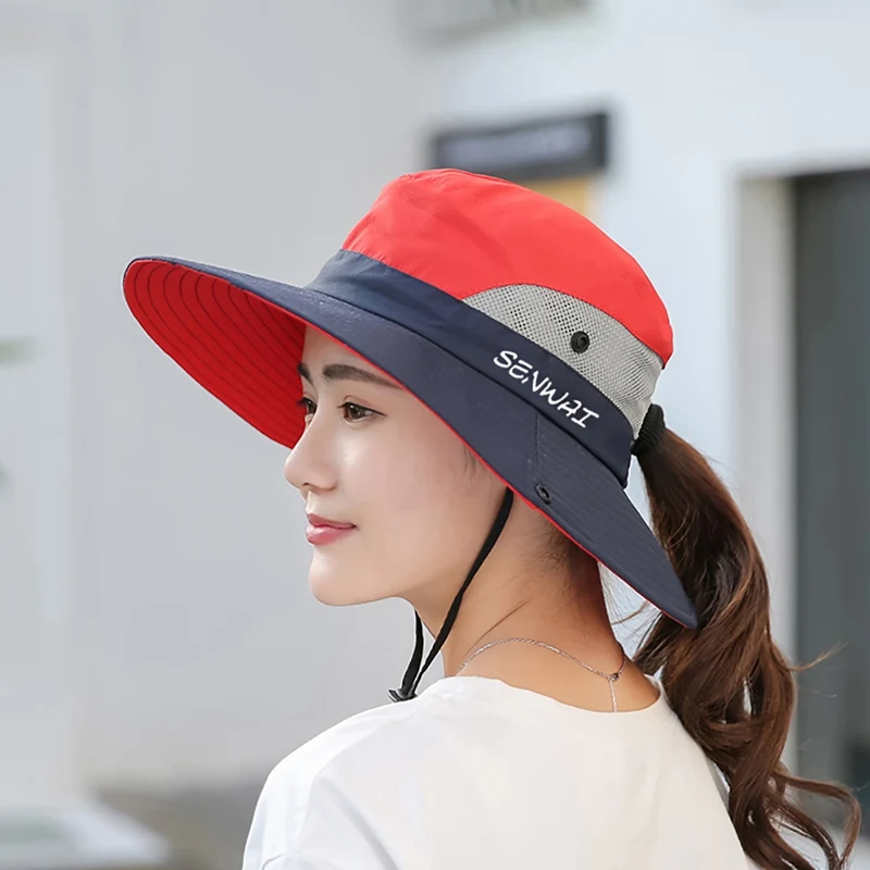 Outdoor Hiking Wide Brim Bucket Hat Women Quick Drying Breathable Packable Sunshade UV-proof Ponytail Cap With Chain Strap