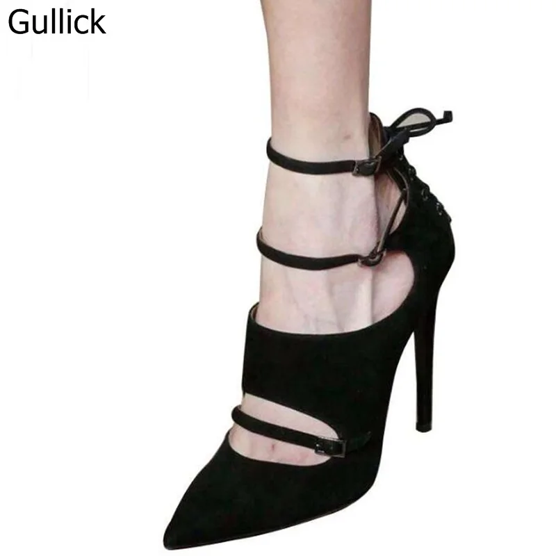 

2018 New Fashion Summer Pumps Pointed Toe Narrow Band Back Strap Black Suede Woman Thin Heels Hollow Out Sexy Strappy Pumps