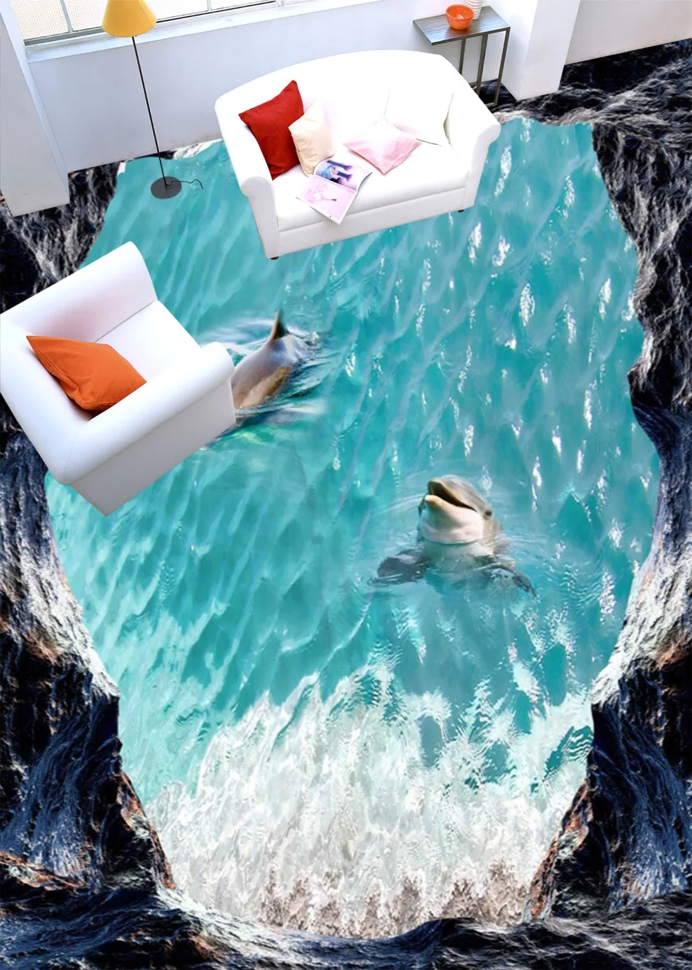 

[Самоклеющиеся] 3D рок-пещера дельфины 4 Нескользящие водонепроницаемые фото самоклеющиеся пол Настенная Наклейка обои фрески печать наклей...