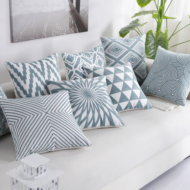 Home Decor Embroidered Cushion Cover One Side Printing White Blue Green Square Embroidery Pillow Cover 45x45cm