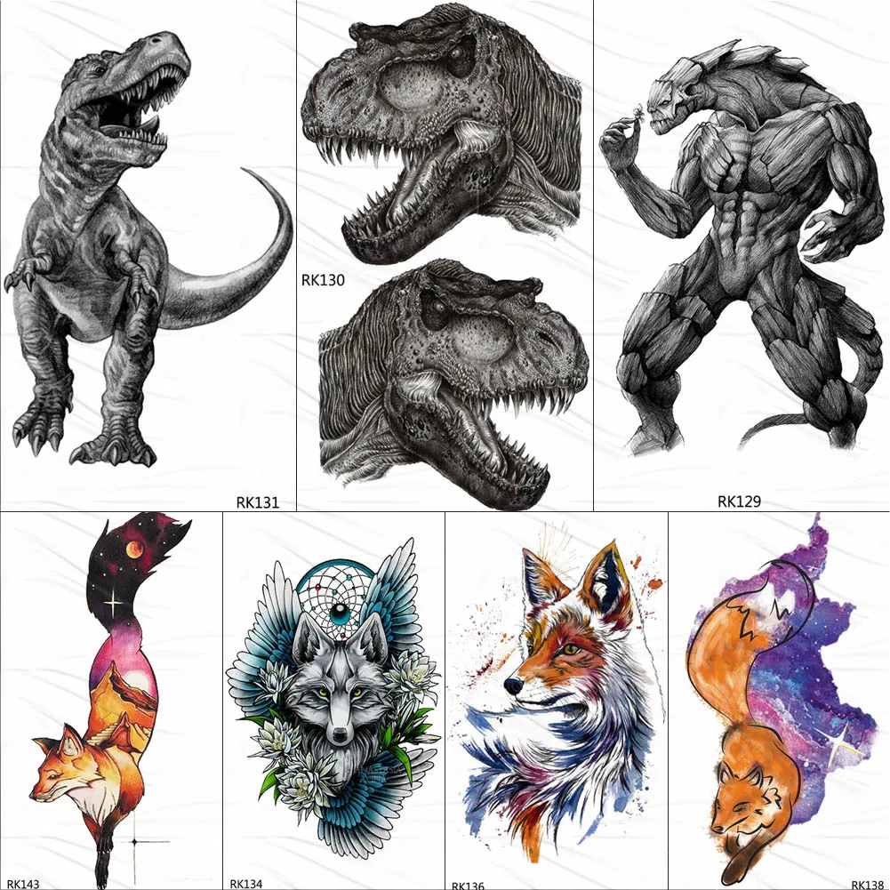 OMMGO Dinosaur Monster Fierce Temporary Tattoos Sticker Roar Tyrannosaurus Rex Custom Tattoo Body Art Arm Wrist Fake Tatoos Men