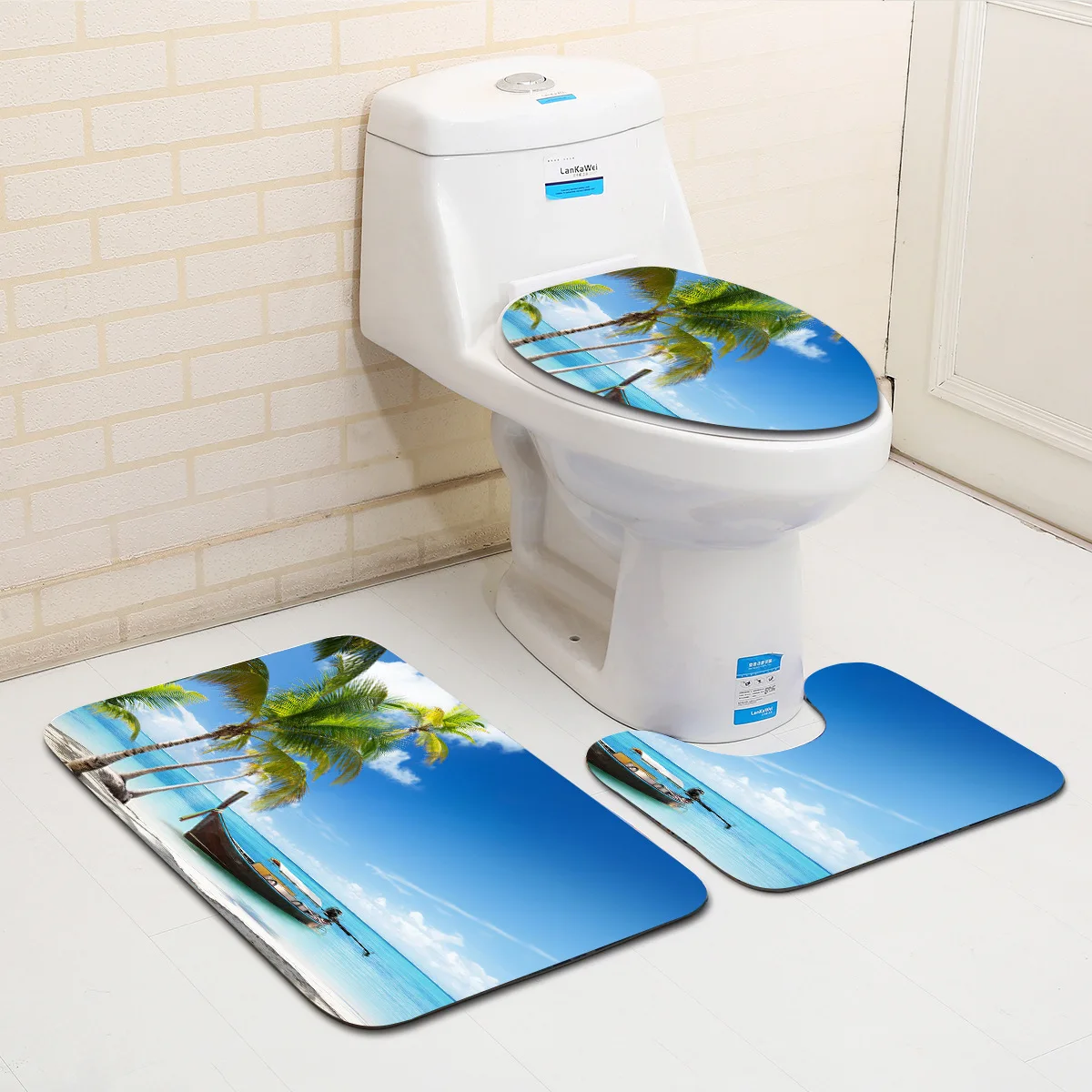 

Zeegle Seascape Printed 3pcs Bath Mat Set Anti-slip Bathroom Mats Toilet Floor Rugs Flannel Pedestal Rug Toilet Lid Cover Pads