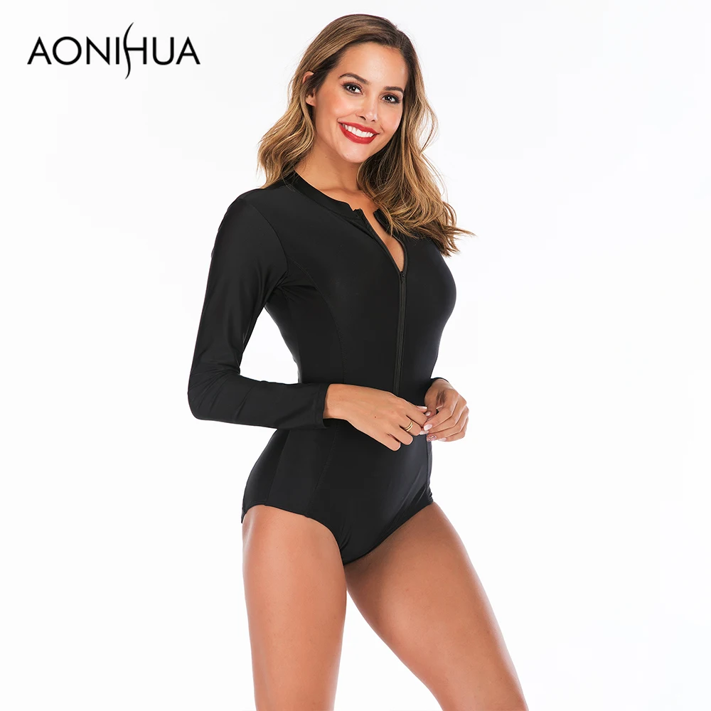 Aonihua 2019 Новые поступления Твердые Цвет Одна деталь купальник передняя молния с Pad